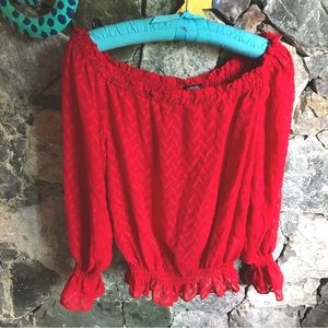XOXO Off the shoulder textured polyester smock top red with lace sleeve size L